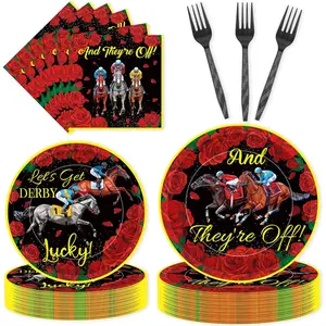 Romart 96Pcs Kentucky Party Supplies, Derby Rose Horse Racing Tableware Sets Including Disposable Paper Plates Napkins Forks Serves 24 for Derby Day Horse
