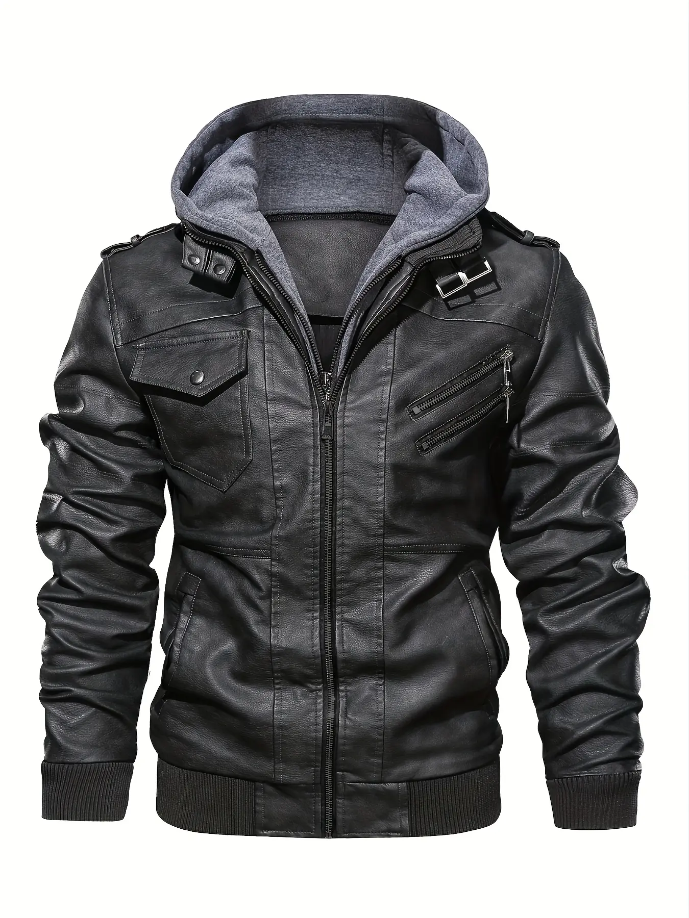 Men's Leather Motorcycle Jacket with Detachable Hat, Long Sleeves, Fitted, Plain, Stylish, Classic, Casual Style, Durable and Comfortable Design, Perfect for Everyday Wear