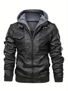 Men's Leather Motorcycle Jacket with Detachable Hat, Long Sleeves, Fitted, Plain, Casual Style, Durable and Comfortable Design, Perfect for Everyday Wear