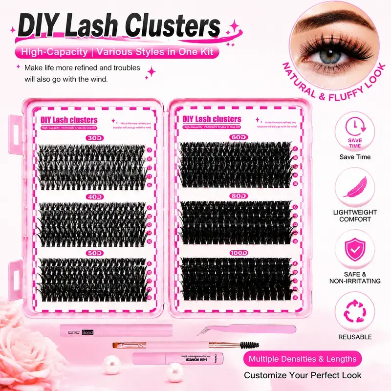 DIY Cluster False Eyelash Kit, 30D-100D Voluminous Faux Mink Lash Clusters for Natural Eye Look, Lightweight Makeup Lash Set