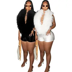 Fashion Casual Women's Elegant Feather Collar Deep V Halter Sexy Jumpsuit Shorts Womenswear Bodysuits