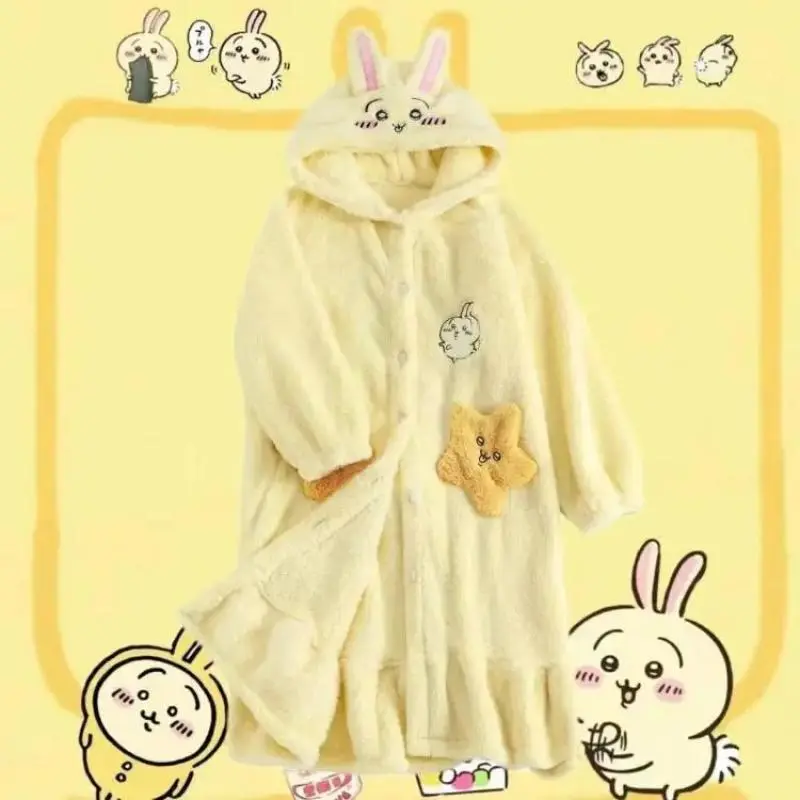 Women's Cute Chiikawa Usagi Cartoon Flannel Cloth Pajamas Set - Longsleeves Thick Warm Loungewear for Autumn Winter Home Use, Multi-Size Fit 65-80kg (New)