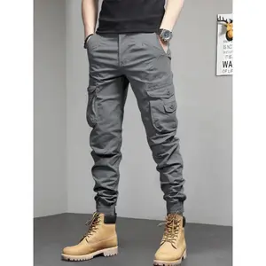 YYK brand Men's Solid Pocket Cargo Pants, Loose Casual Drawstring Waist Trousers for Men, Woven Bottoms for All Seasons