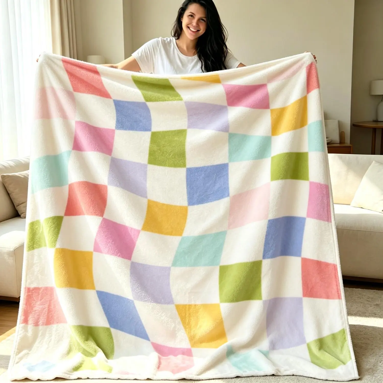 Rainbow Checkerboard Throw Blanket Colorful Rainbow Soft Flannel Blanket Home Decor Cozy Blanket for Sofa Bed Bedroom Gift