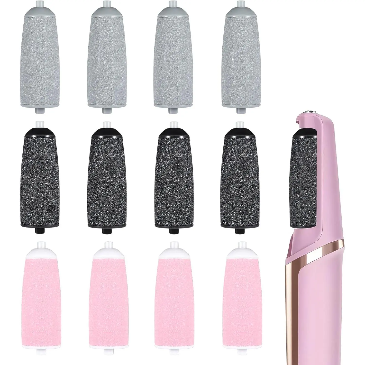 12-Piece Pedicure Replacement Roller Heads, Micro-Diamond Grit Dry Skin Care Refills, Tool-Free Install, Easy Replace, 3 Coarse Levels, Compatible with Electric Callus Remover Hardware Tools (Black, Gray, Pink)