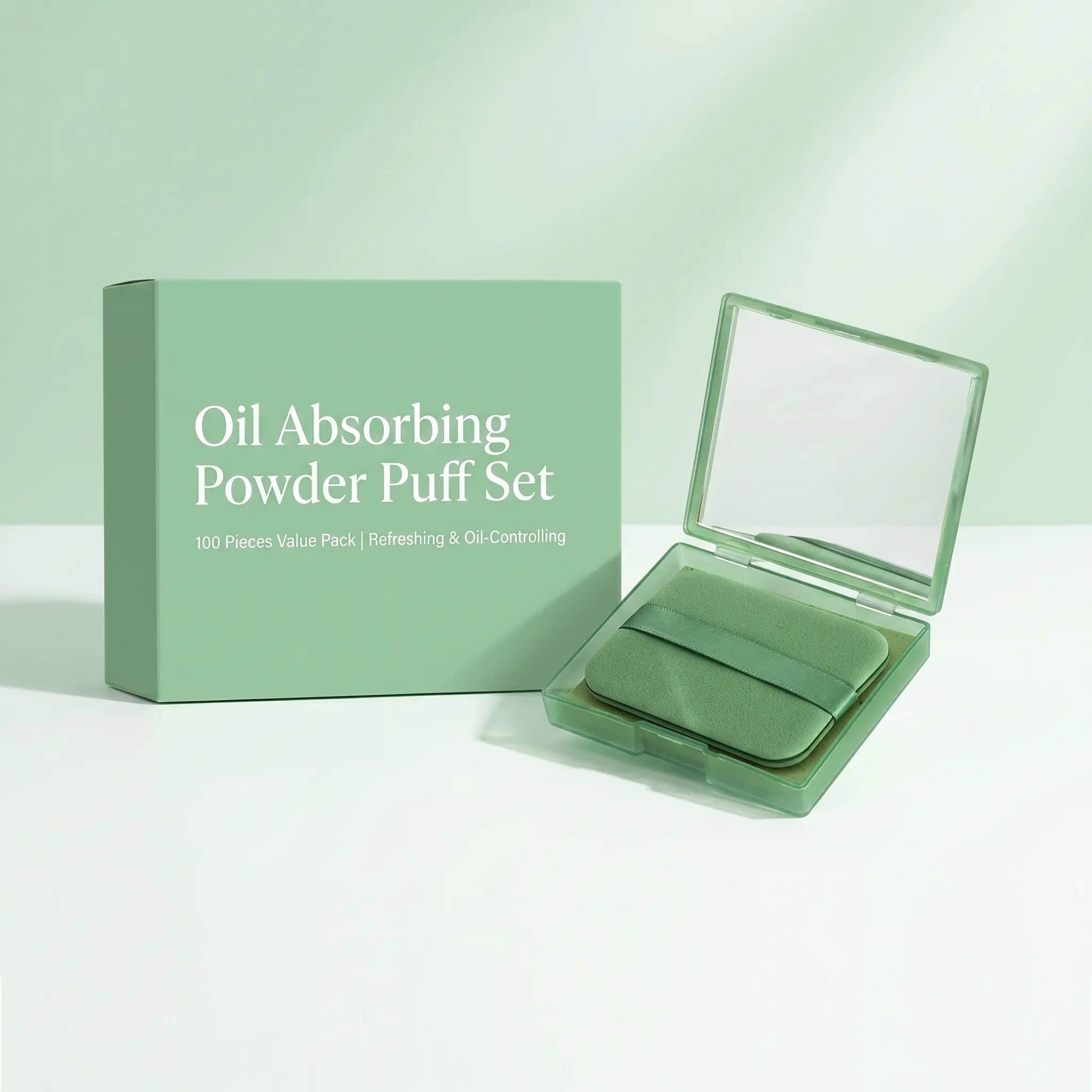 100pcs Oil Absorbing Powder Puff Set with Mirror Case, Matte Finish Face Blotting Paper for Oily Skin, Portable Makeup Touch Up Tool Oil Absorbing Sheets 100pcs Value Pack with Reusable Mirror Compact & Powder Puff,  Paper for Daily Sebum Control Kit