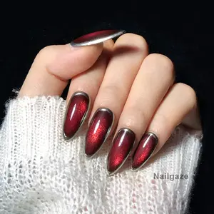Nailchemy - Midnight Magic Cat Eye Press On Nails - Red Ombre Silver Chrome Y2K Acrylic Handpainted Punk Handmade Party Set Fake Gel Glue On Nail