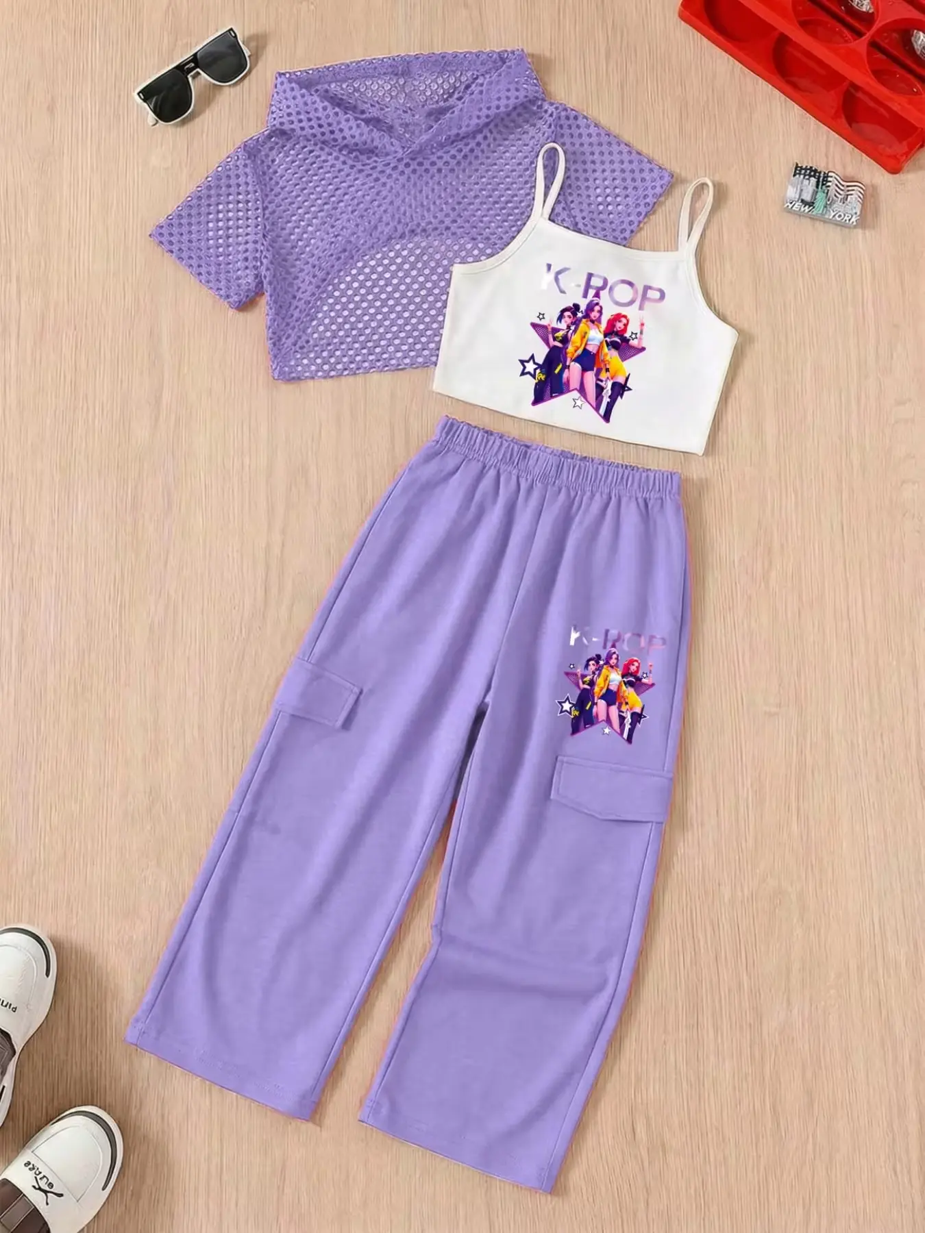 Girls' 3-Piece Fashion Set, Hooded Mesh Top + Strapless Tank Top + Sporty Pants, Cartoon Print, Perfect for Outdoor Activities