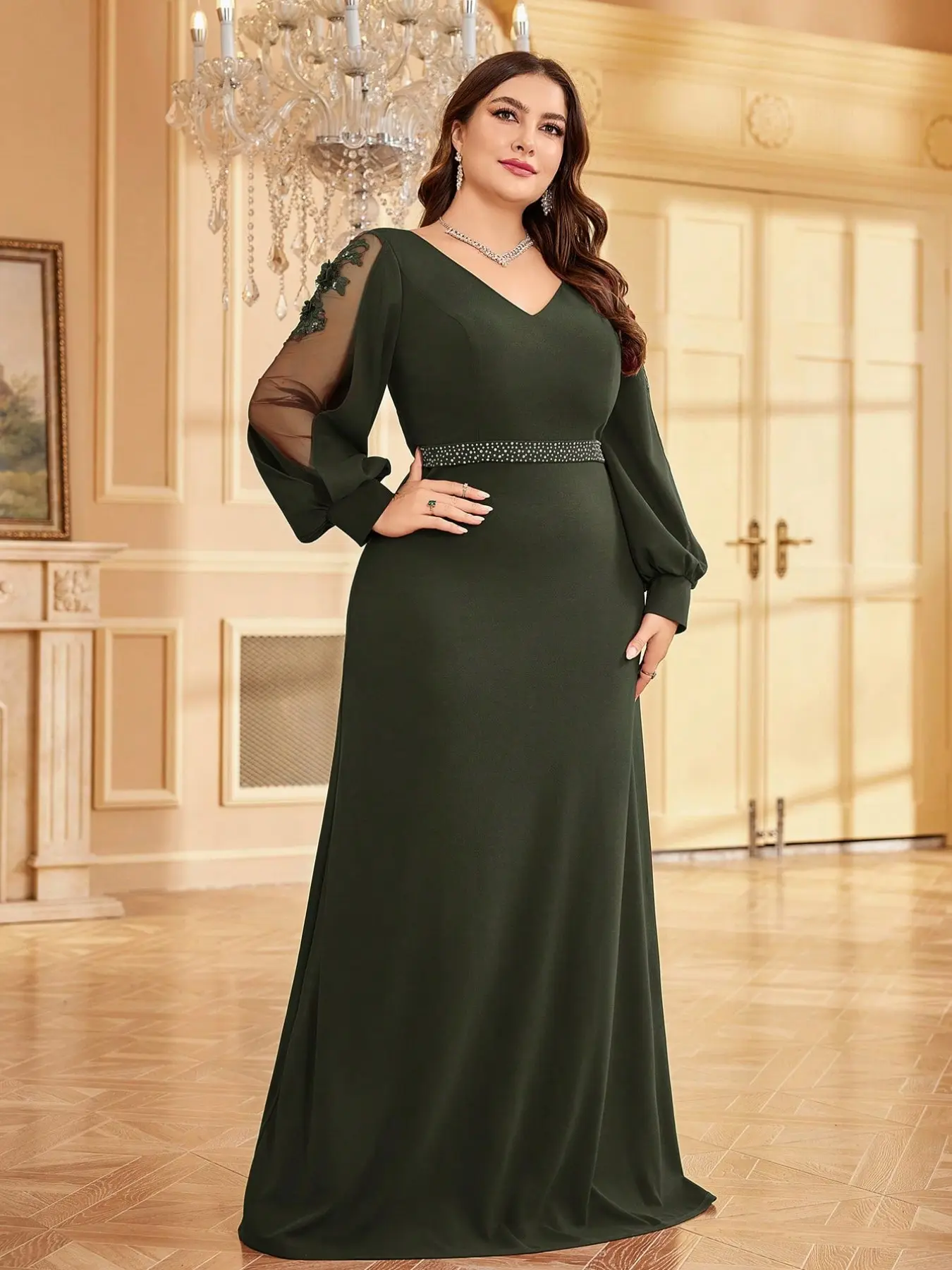 Elegant Long Evening Dress, Womenswear, Unique Neckline, Mesh Contrast Sleeves, Belt Design, Puff Sleeves, Perfect for Weddings and Formal Events