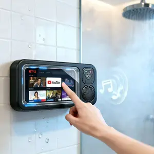Waterproof box speaker, bathroom waterproof 360 ° rotating touch screen, Bluetooth speaker, watch movies, listen to music, phone holder Bluetooth speaker audio shower TV holder, Slide open the lid,swimming pool, kitchen, bathroom, sink