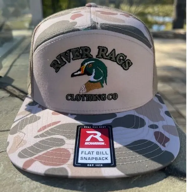 River Rags Clothing Co R168 7 Panel Harvest Duck Camo/Sandstone Wood Duck Embroidered Logo Unisex Trucker Hat with Flat Bill Snapback