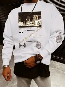 Men's Fitted Letter Print Long Sleeve Shirt, Casual Round Neck Design, Comfortable Stretch Polyester Fabric, Perfect for Fall & Winter Wear