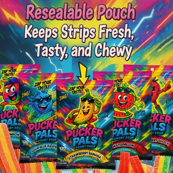 Pucker Pals Sour Candy 5 Flavor Multi-Pack – Extreme Sour & Sweet Strips, Chewy Gummies Gummy Worms Style Bold Fun Belts With A Punch for Kids Boys Girls Teens & Adults Halloween & Stocking Stuffers