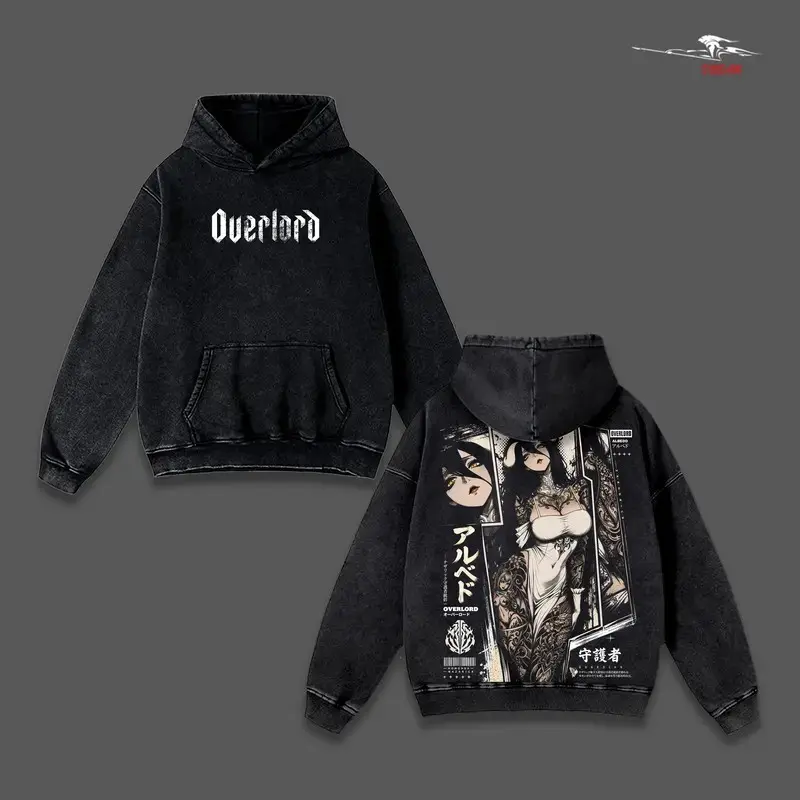 Albedo Overlord Anime Double Printed Vintage Washed Hoodie Unisex Oversize Anime Manga Washed Heavyweight Cotton Hoodie