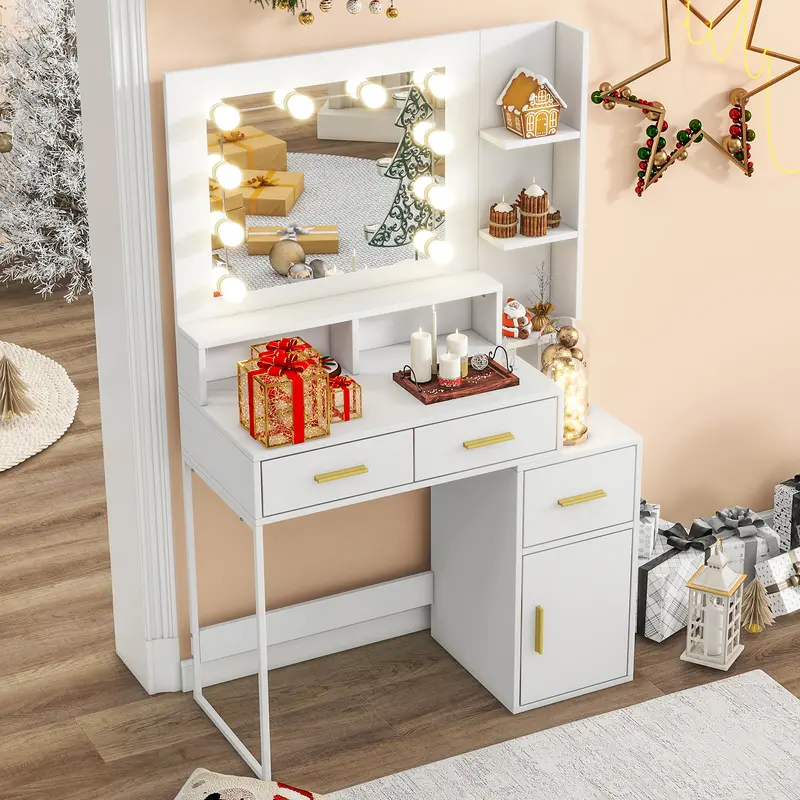 YMW White Makeup Vanity Desk with LED Lights 4 Drawers & 5 Open Shelves for Women's Bedroom Storage Organization Stylish Functional Cabinet with Integrated Lighting