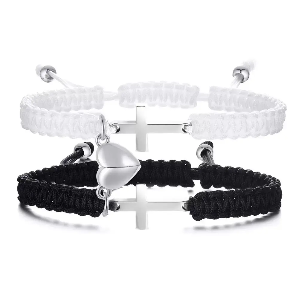 Religious 2-Piece Adjustable Red & Black Braided Rope Promise Bracelets - Magnetic Heart, Christian Cross Jewelry for Couples, Ideal Gift for Valentine's Day, Christian Baptism