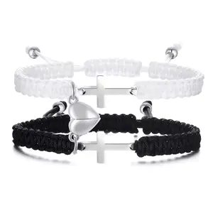 2-Piece Adjustable Red & Black Braided Rope Promise Bracelets, Magnetic Heart Christian Cross Jewelry for Boyfriend & Girlfriend, Ideal Gift for Valentine's Day & Christian Baptism