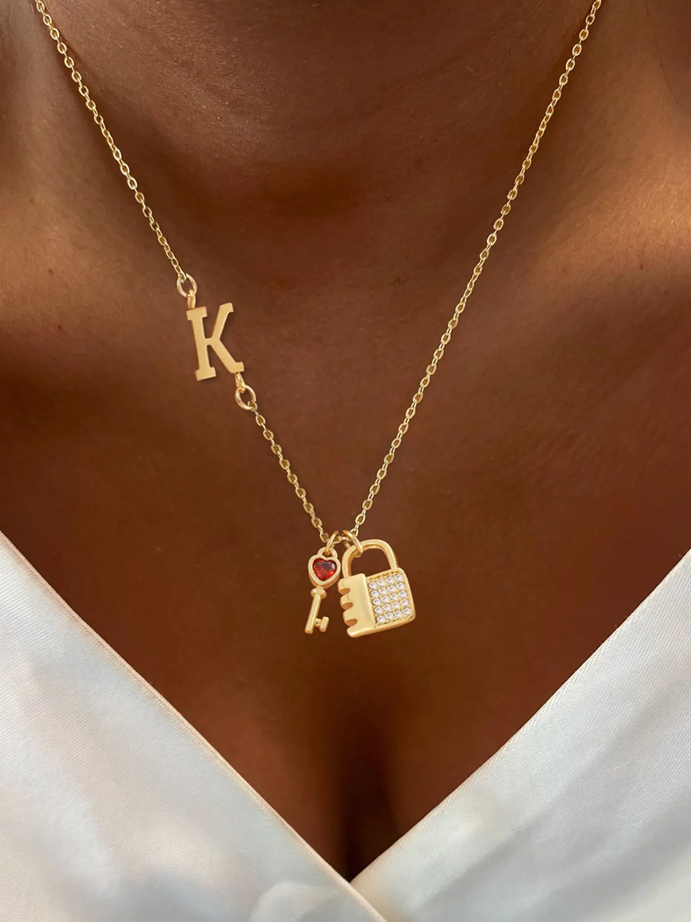 Women's Initial Lock Heart Key Pendant Necklace, Fashion Stainless Steel Chain, Casual All-Season Jewelry