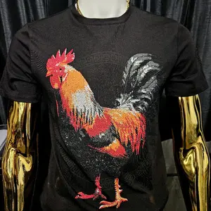 Rhinestone Men's T-Shirt with Rooster Graphic Print, Short Sleeves, Casual Style, Top for Men - Menswear Tshirt