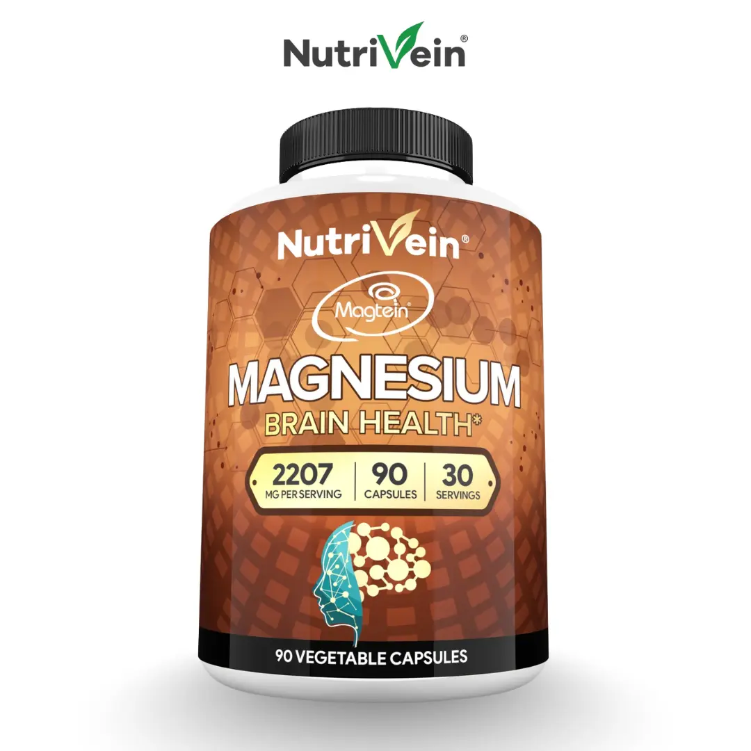 Nutrivein, Magnesium L-Threonate Capsules, Dietary Mineral Supplement, Plant-Based Magnesium Formula, Daily Nutrition Support, 2207mg, 90 Capsules, 3 Capsules Daily