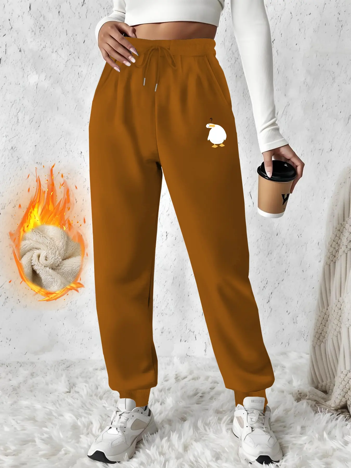 Women's Winter Fleece Pants, Cute Duck Print, Warm Lamb Fur Sweatpants, Casual Thick Fabric Long Trousers for Fall & Winter