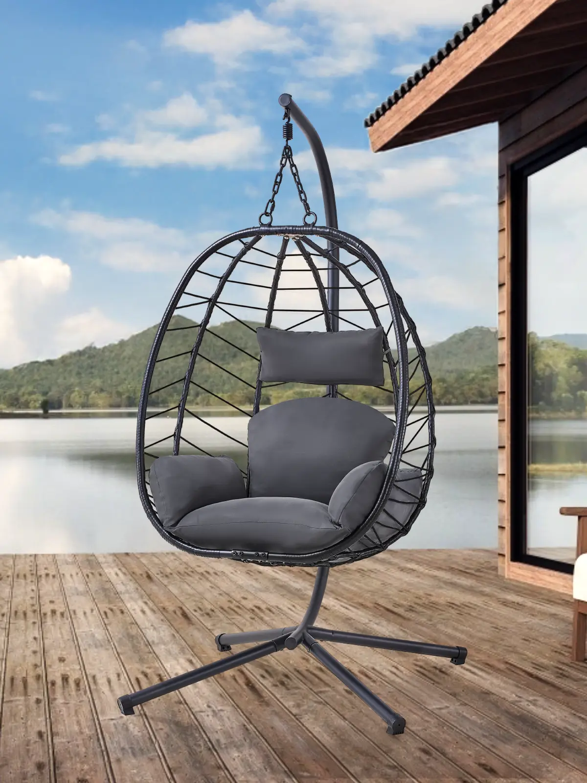 【BackToSchool】ONBRILL Hanging Egg Chair with Stand, Outdoor Indoor Egg Swing Chair with Cushion Headrest, Wicker Rattan Egg Chair with Dual Chains, 350LBS Capacity for Patio, Porch, Balcony, Bedroom