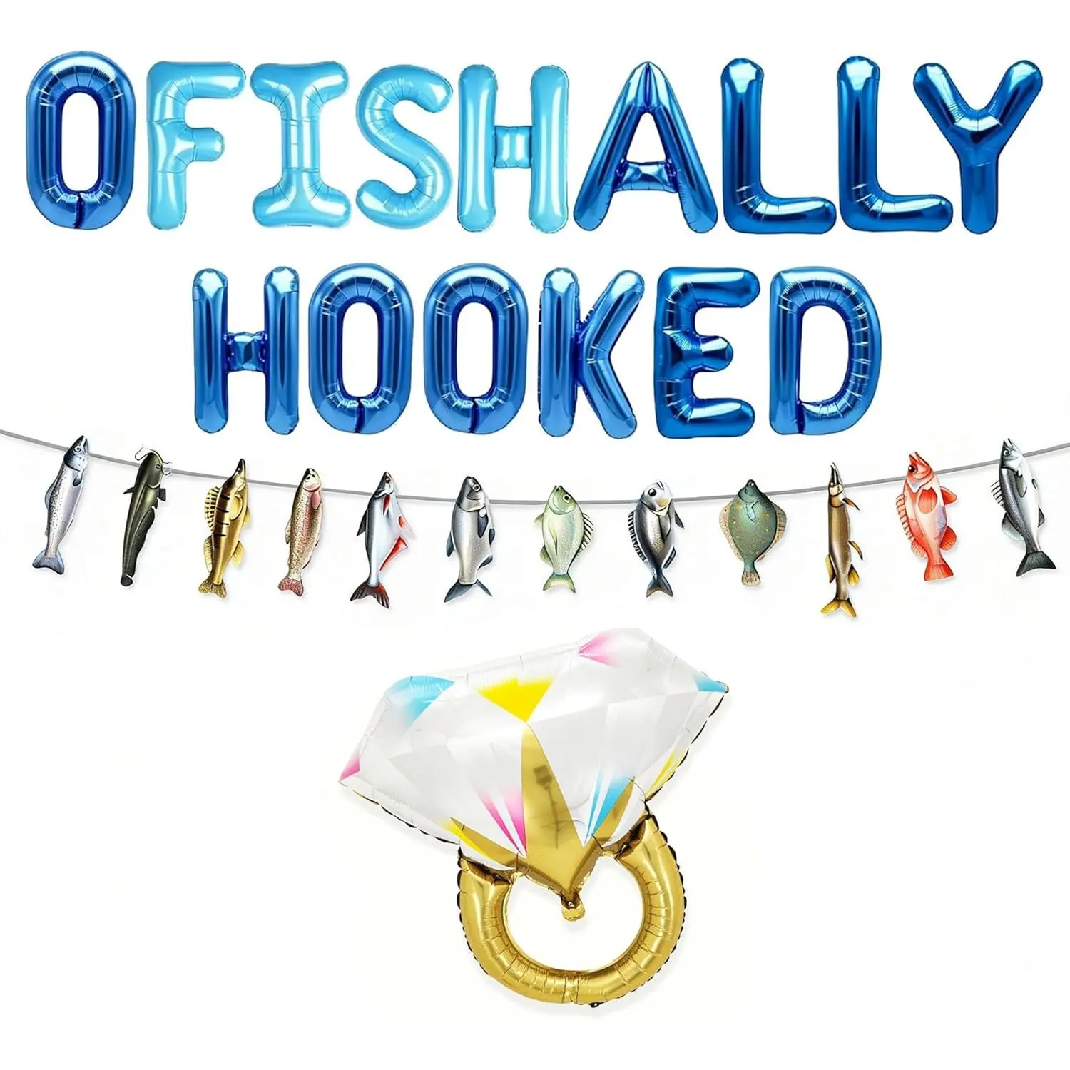 Shiny Hooked Fish Shapes Banner Set - Nautical Festive Party Supplies for Wedding Bridal Shower, Fishing Birthday Celebrations, Lakeside Balloon Decor