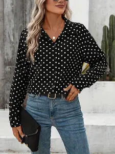 One women's black polka dot button-down long-sleeved shirt, with a retro French style, featuring a sweet look, suitable for both casual and formal wear.