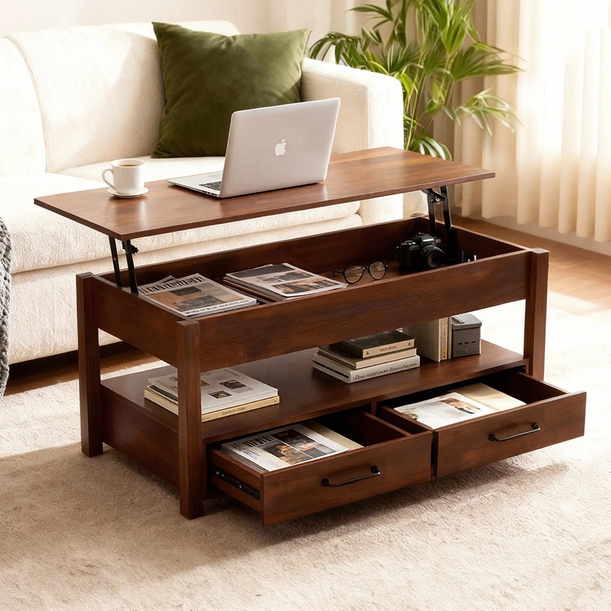 Modern Lift-Top Storage Coffee Table - Wood Indoor Furniture with Multiple Drawers and a Hidden Compartment