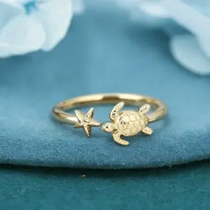 Adjustable Sea Turtle Starfish Open Ring Ocean Inspired Summer Beach Jewelry Gift for Women