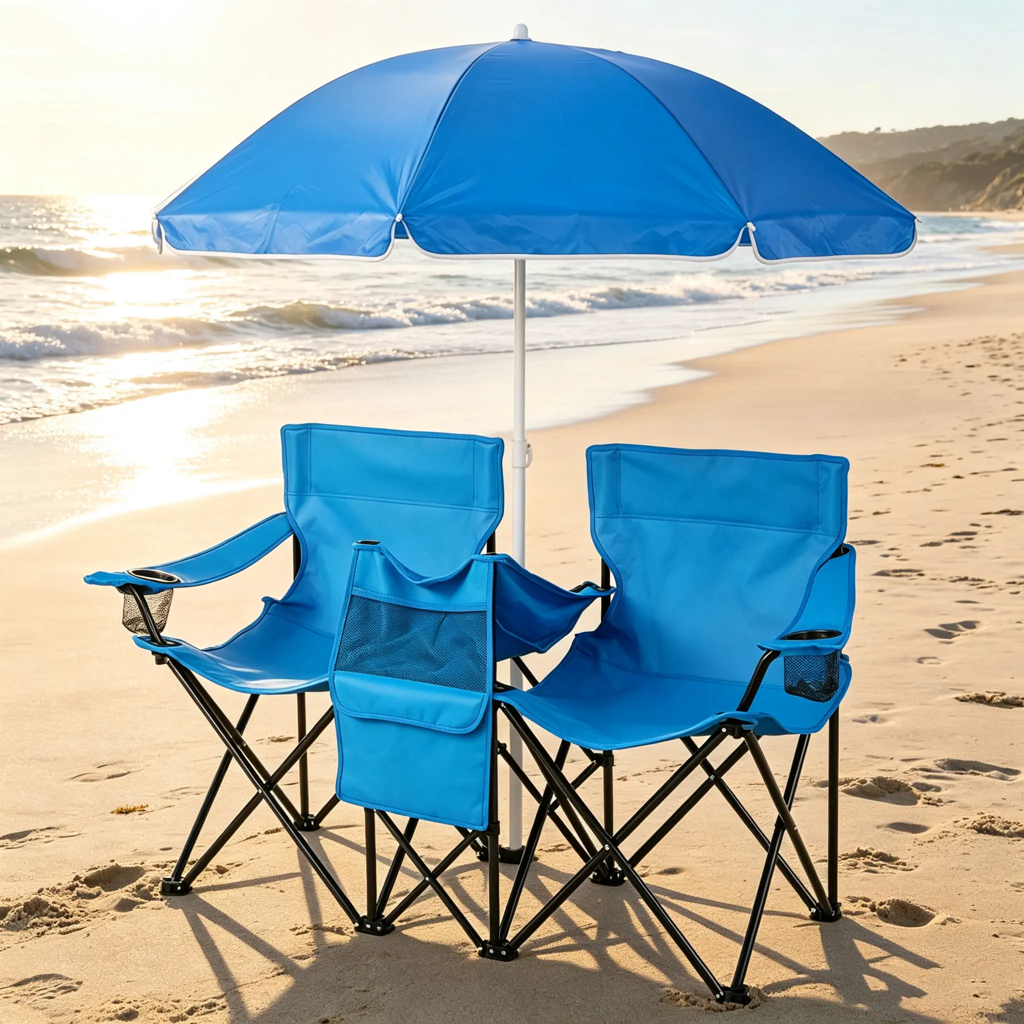 Royal Blue 2-Person XL Double Folding Outdoor Chair (55.91in*19.69in*31.50in) - Removable Adjustable Umbrella, Cooler Bag, Cup Holders, Side Pocket, 529 lbs Load Capacity, Oxford Cloth Iron Frame for Beach, Camping, Patio