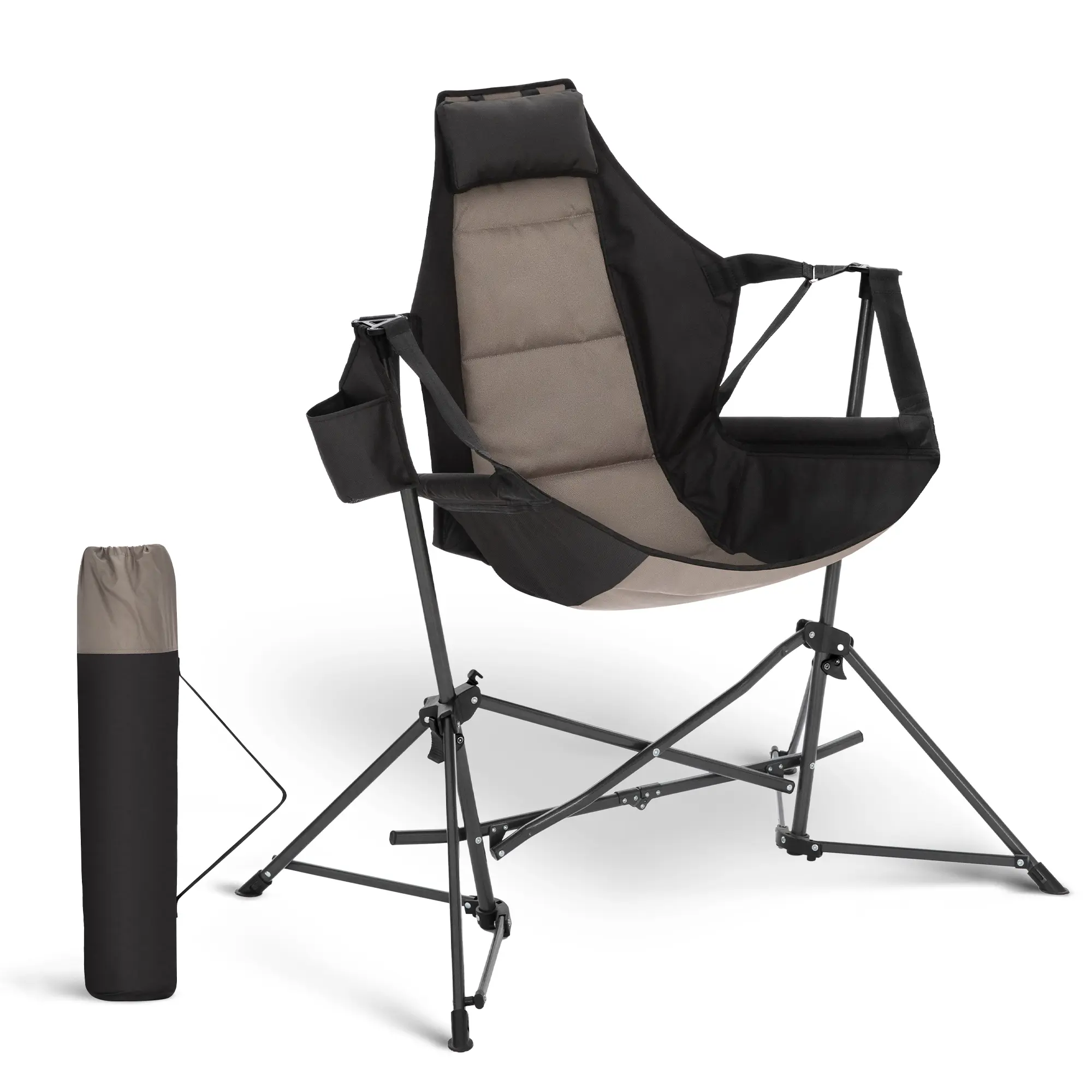 PHIVILLA Hammock Folding Rocking Chair with Cup Drink Holder, High Back Padded Swinging Chair for Outdoor,Camping, Lawn,Backyard,Picnic, Steel, Heavy Duty Portable Oversized