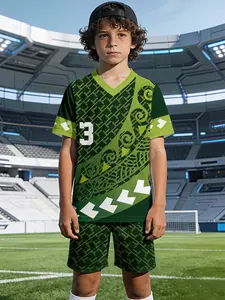Green & Brown Tribe No. 3 V-neck Sports Short Sleeve and Shorts Set, 100% polyester, casual and loose fit, featuring fun and stylish prints for summer. Ideal for outdoor physical activities and daily casual wear in summer, a perfect gift for boys.