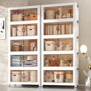 2/3/4/5-tier foldable plastic storage cabinet with doors and wheels, suitable for large-capacity stacked storage in bedrooms, living rooms, and kitchens—high-quality, space-saving design, easy to assemble, transparent doors, magnetic closure.