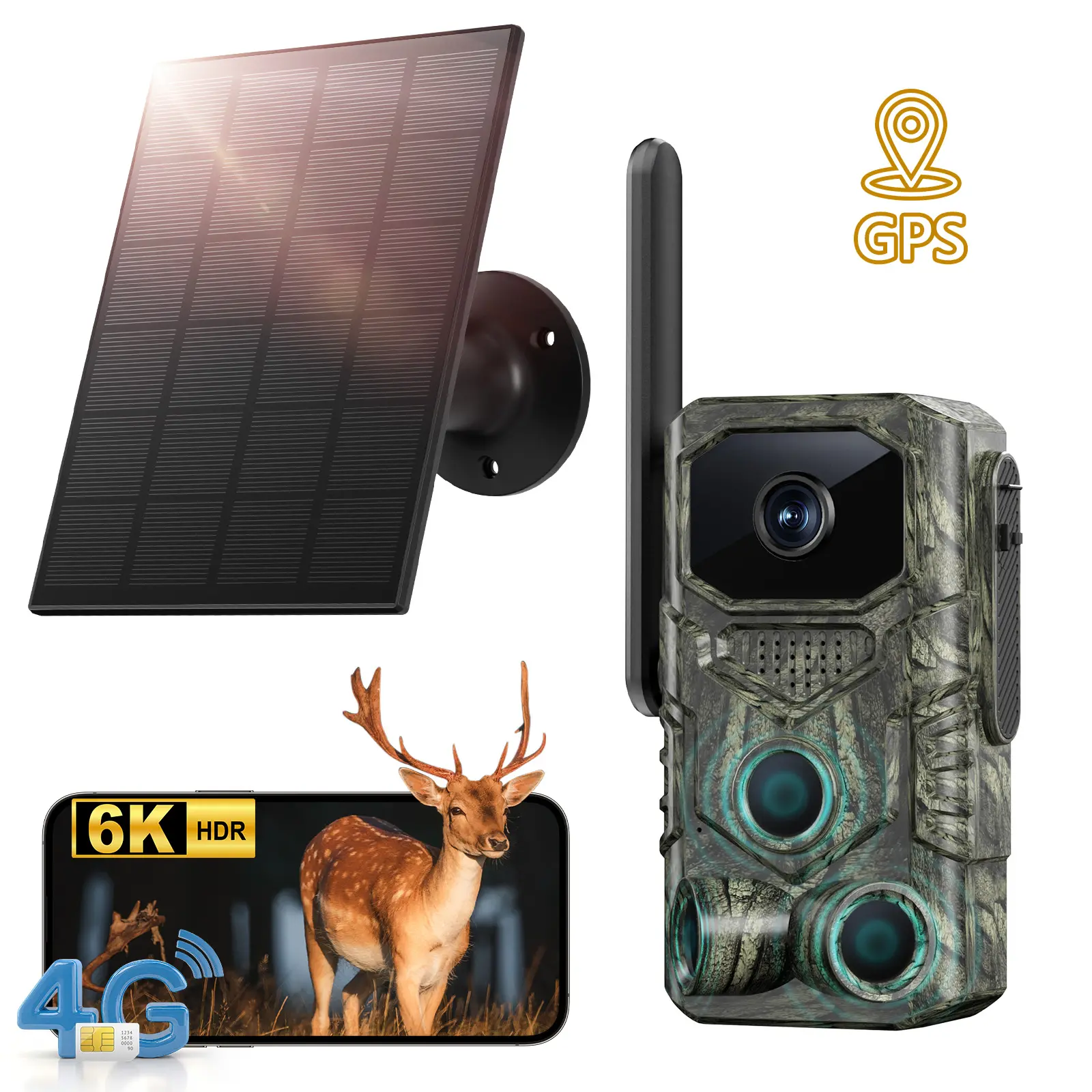 4G Remote Hunting Camera with GPS 1.6K HD Night Vision 0.1s Ultra-Fast Trigger IP67 Waterproof for Wildlife Monitoring Hunting Farm Security Survival Kit