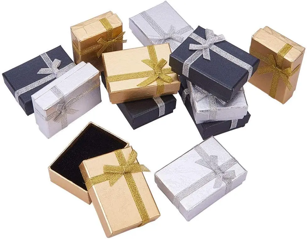 12pcs Small Jewelry Gift Boxes, 2x2.7x1 Inch Tiny Gift Boxes with Lid Metallic Paper Earring Box with Bowknot for Christmas Gifts Jewelry Necklace Bracelet Silver Bar Packing Wedding