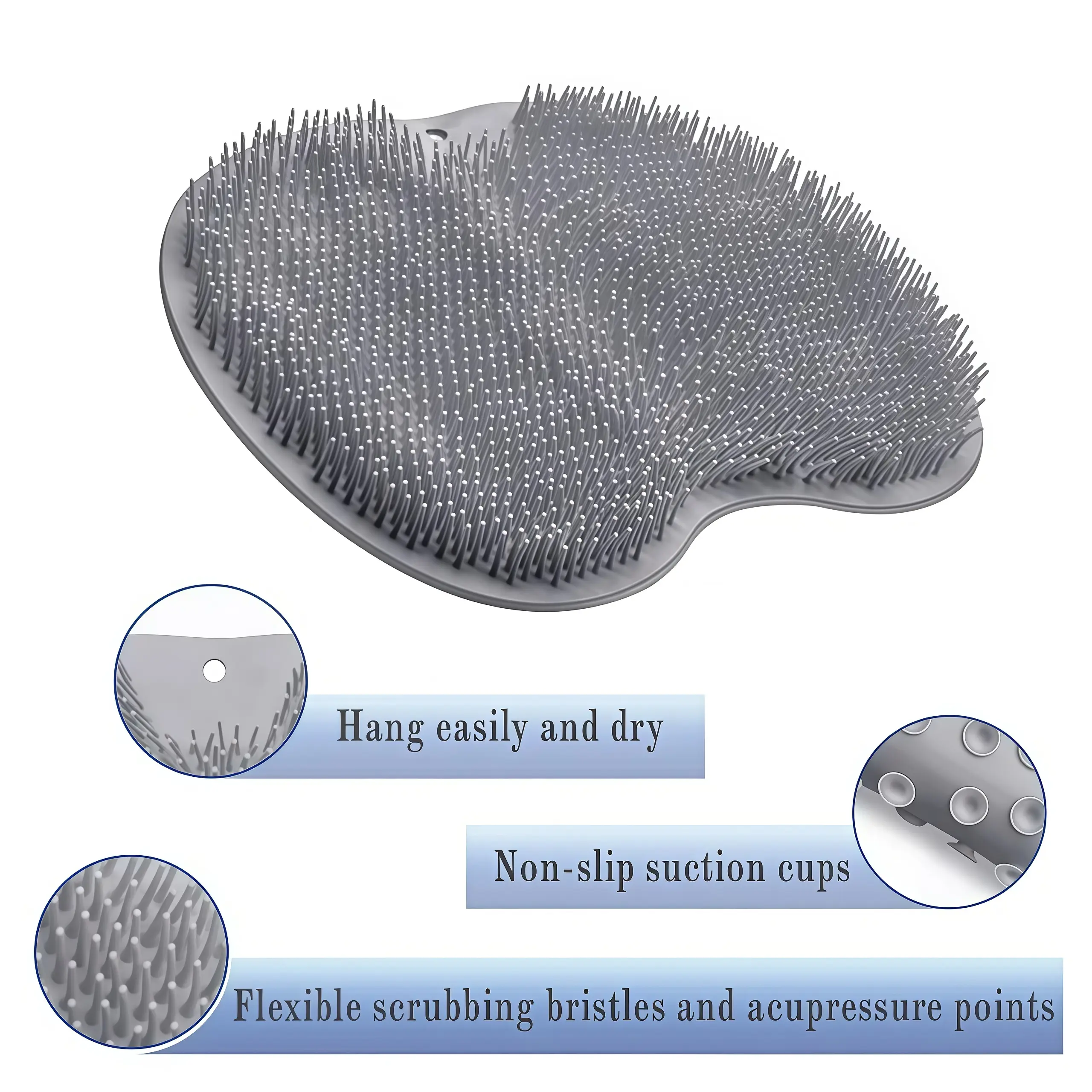 A non slip foot exfoliating pad that removes dead skin and calluses, massages the feet to relax, designed for non slip safety, easy to install suction cups, bathroom shower use, foot dead skin removal, foot massage, daily foot care, home hydrotherapy