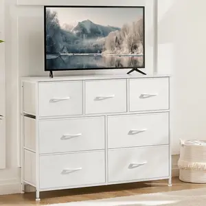 7-Drawer Fabric Dresser with Wood Top, Storage Tower Organizer for Bedroom, Closet, Nursery, Metal Frame