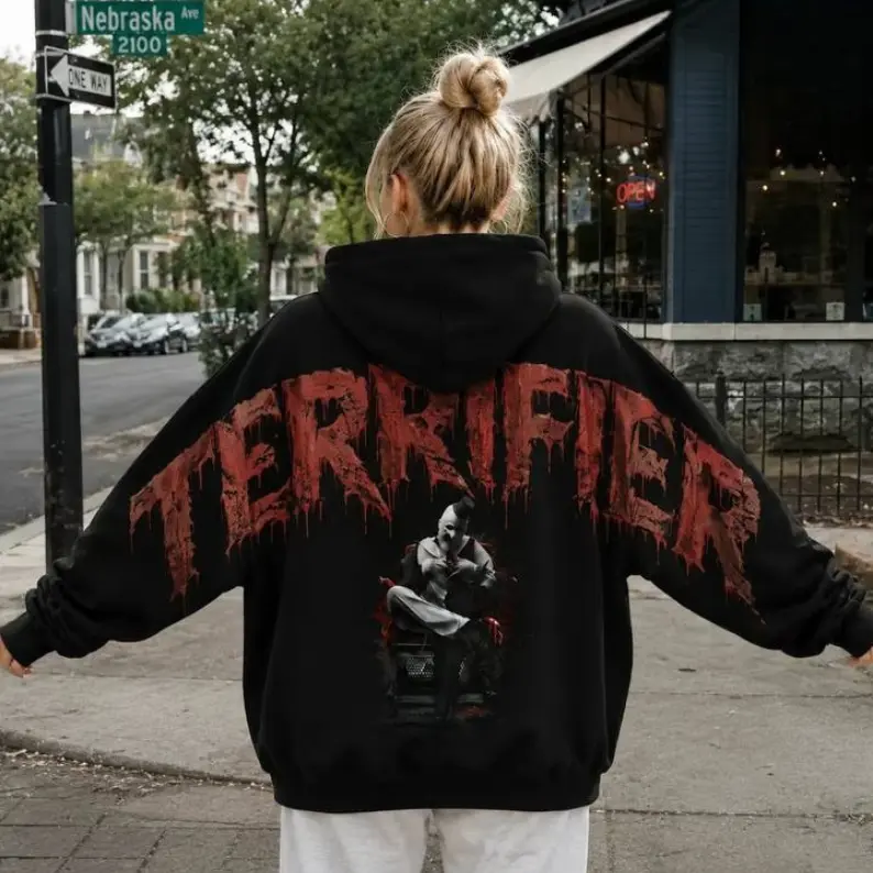 Vintage Scary Art the Clown Terrifier Movie Horror Shoulder-to-Shoulder Back Lettering Sweatshirt Hoodie, Scary Movie Graphic Pullover, Spooky Season, Gift for Him and Her, Vibes