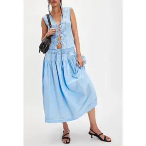 Women’s Two Piece Summer Outfits Sleeveless Tie-up Front Tank Tops and Long Skirt Set Casual Clothes