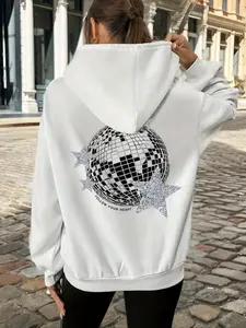 Women's Disco Ball & Star Print Drop Shoulder Hoodie, Fashion Casual Drawstring Pocket Hooded Sweatshirt for Daily Holiday Outdoor Wear, Women Clothing for Fall & Winter, Graphic Hoodies