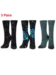 3 pairs of Harajuku cyberpunk geometric tech trendy printed mid-calf socks, casual, fantasy, fun, comfortable, breathable, non-slip, unisex crew socks, for holidays, home, parties, sports, couples, family, friends, creative gifts.
