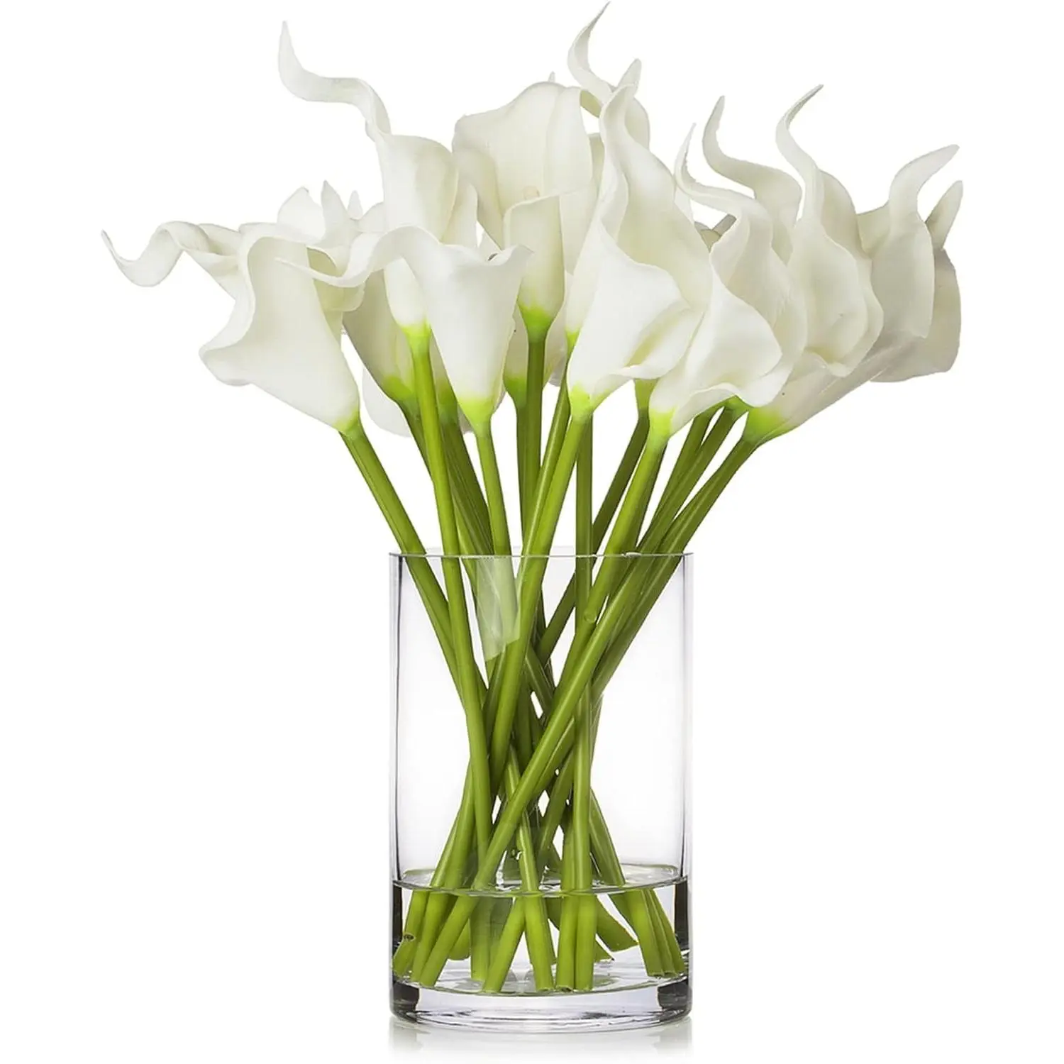 ENOVA FLORAL 20-Piece Polyurethane Real Touch White Calla Lily Artificial Flowers Set, Sturdy Faux Water Glass Vase Included, Photorealism Decor for Bathroom, Bedrooms, Wedding Centerpieces