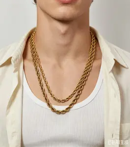 14K Gold Plated Rope Chain Necklace for Women Men, Stainless Steel Twist Hip Hop Punk Jewelry, Tarnish-Free, 20"/22" (50cm/55cm) 5mm/6mm