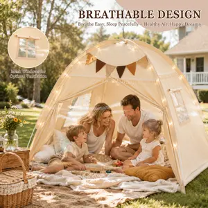 Golden Beige Large Twin Bed Teepee Tent with Lights, Flags - Kids' Indoor Play House for Privacy, Sleeping | Sports & Outdoor Camping Tent Accessory