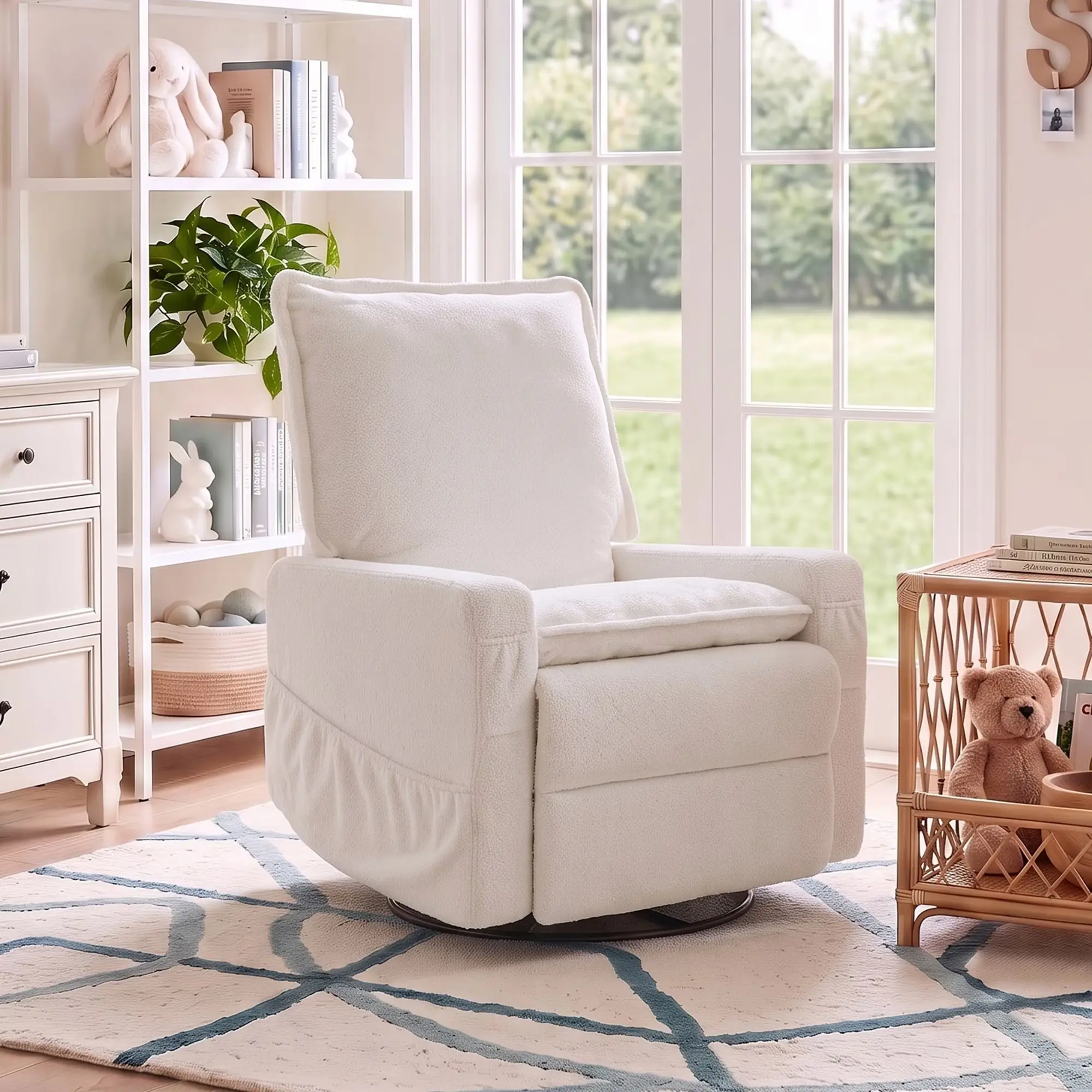 GASEE Baby Upholstered Glider Recliner Rocking Chair 360° Swivel for Nursery and Living Room – Teddy Fleece White​