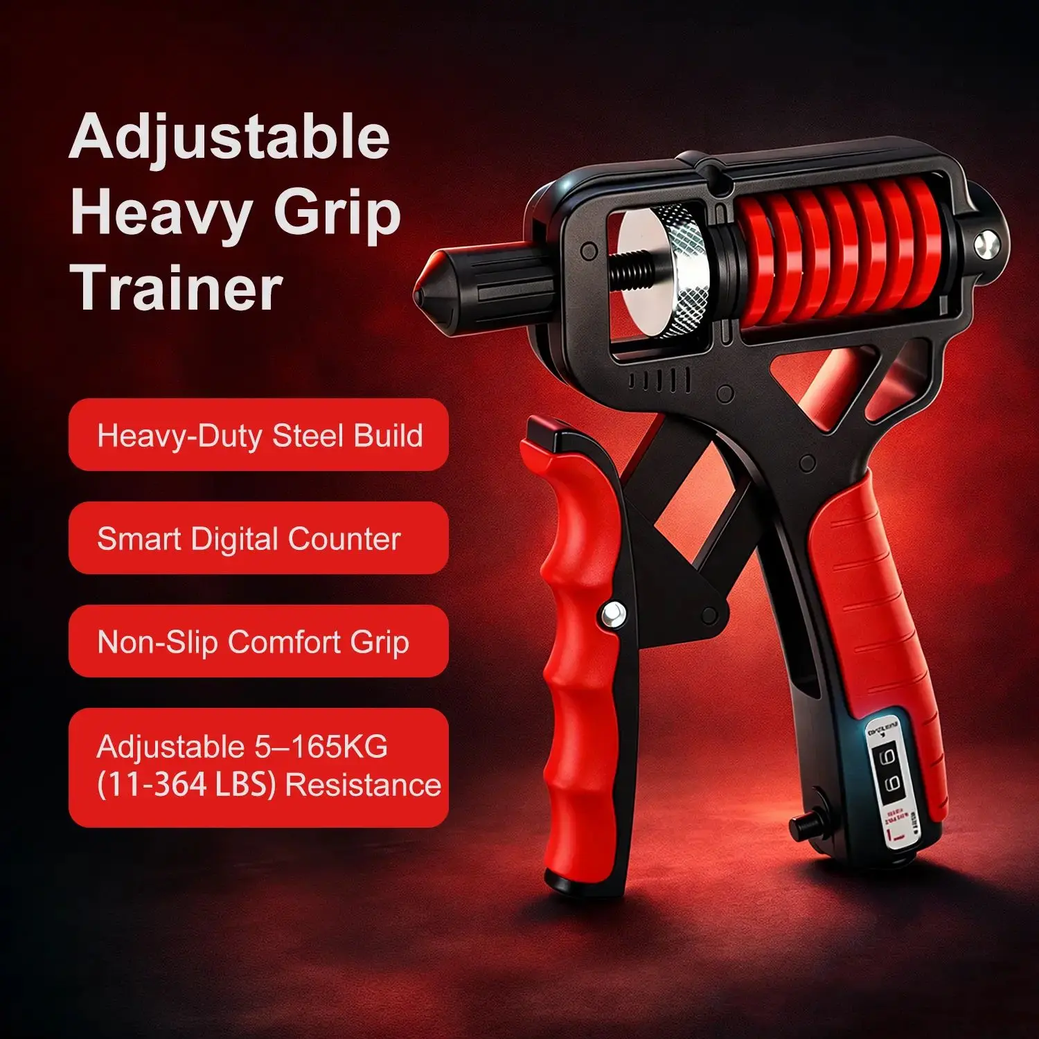 Adjustable Hand Grip Strengthener – Heavy-Duty Steel, 11–363lb Resistance, Ergonomic TPR Handle, Dual Spring Grip Trainer with Digital Counter for Forearm & Hand Exercise
