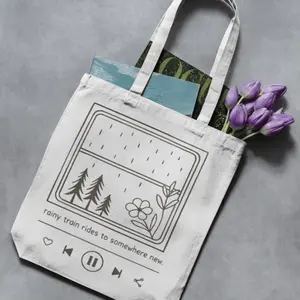 Rainy Train Ride Canvas Tote Bag Cottagecore Tote Bag with Rainy Train Rides to Somewhere New Design