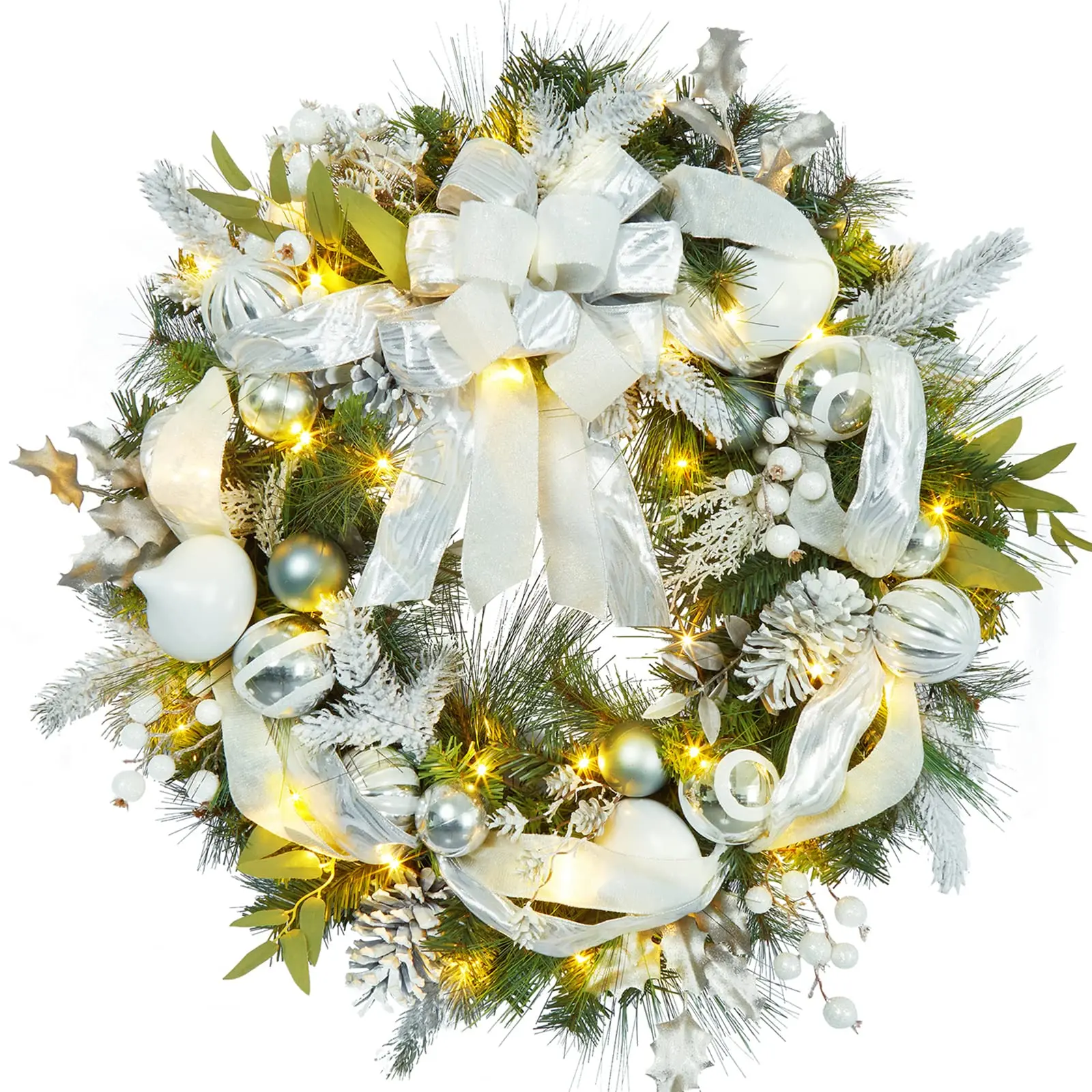 GARVEE 30-Inch Christmas Wreath with 40 LED Lights, Featuring White and Silver Ball Ornaments, Perfect for Front Door and Indoor/Outdoor Holiday Decor, Adding a Touch of Festive Cheer to Your Home