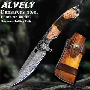 ALVELY High Quality Damascus Steel Folding Pocket Knife, Men's EDC Portable Pocket Knife with Leather Case, Gear Pattern and Resin Maple Wood Handle, Outdoor Camping and Hiking Utility Knife, Collectible Gift